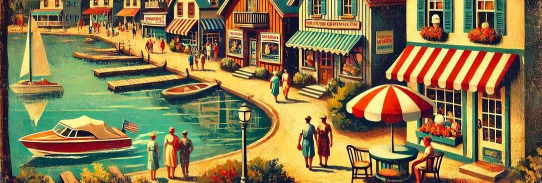 Retro-style painting of a charming small vacation town